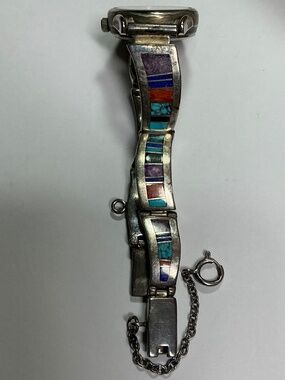 Vintage Sterling Silver Navajo Stone Inlay Ladies Watch Tips. 7 inches long